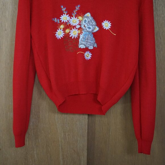 Vintage JCPenney Womens Medium Embroidered Sweater (Kitten, Cat, Flowers) - Picture 2 of 9